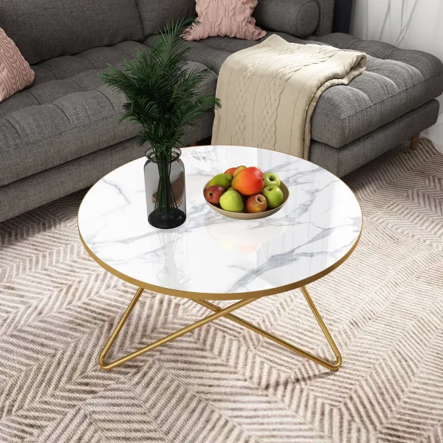 HOLTICO Serie - Salontafel / Bijzettafel - Rond Modern Ontwerp - wit-Groene Afwerking - Marmerpatroon Buiten Plantenstandaard
