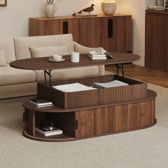 OKWISH Salontafel - In Hoogte Verstelbaar tot 55 cm - Ovaal met Opbergruimte - Voor de Woonkamer - MDF in Walnootkleur - 100 x 50 x 40 cm