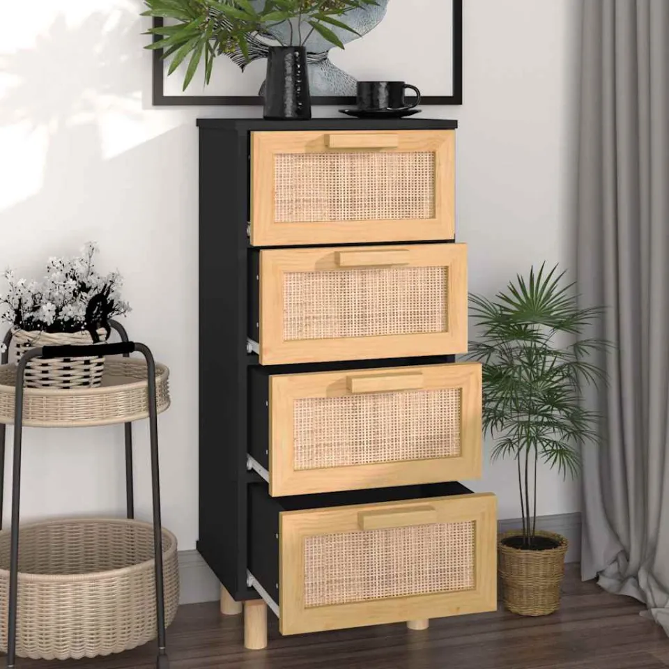 vidaXL Dressoir 40x30x90 cm massief grenen hout en rattan zwart, foto 2