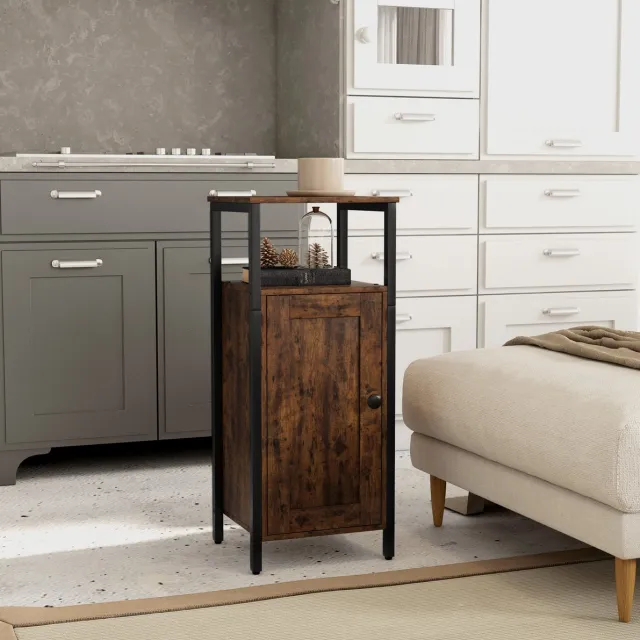 MEUNIQ Bijzettafel met opbergkast en 2 open vakken, verstelbare binnenplank, industrieel design, 34 x 30 x 80 cm, voor woonkamer of slaapkamer, bruin