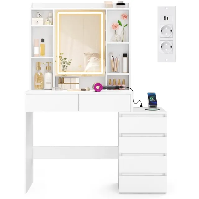 Songmics Kailyn Collectie - Kaptafel met LED-spiegel en stekkerdoos - 40 x 105 x 145 cm - Wolkenwit