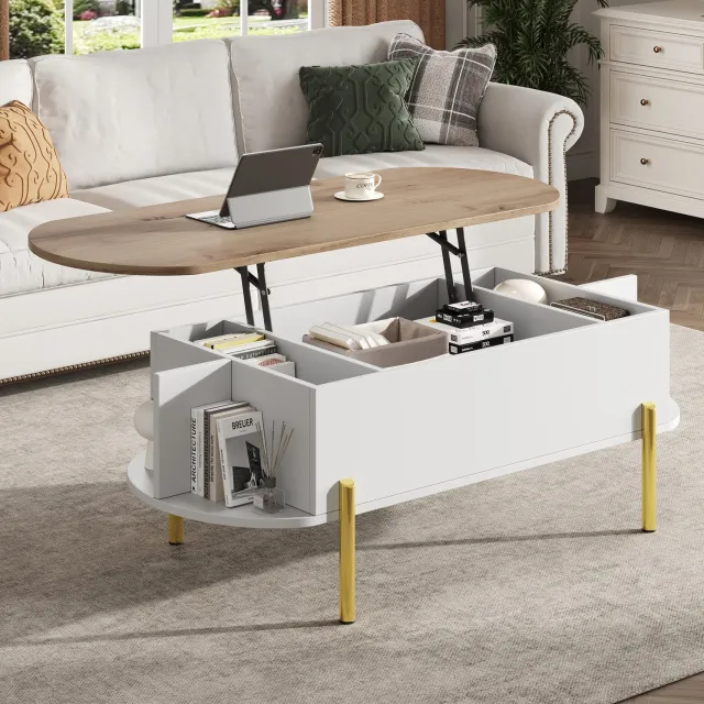 CHICFURN Salontafel - Hefbaar blad - Verborgen opbergruimte - 4 poten - Wit