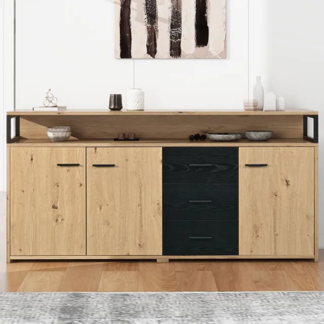 Pugsdrly Industrieel dressoir met drie deuren en drie lades Commode Keukenkast, multifunctionele kast, opbergkast Highboard met metalen handgrepen voor slaapkamer, woonkamer en kantoor 150*35*75,9 cm Zwart Bruin