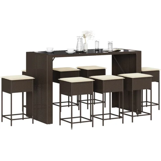 vidaXL 9-delige Tuinbarset met kussens poly rattan bruin