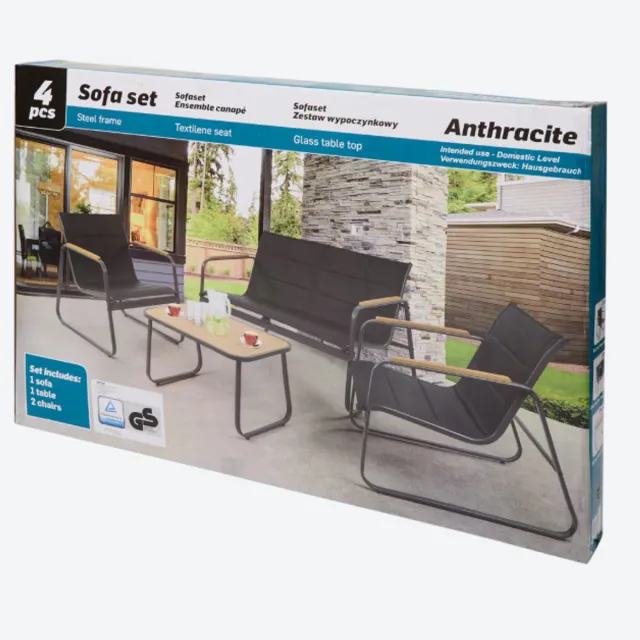 Vivre pour vivre Tuin Meubelen Loungeset - 4 Persoons - Tuinset - Comfort - Zwart - Tafel Glazen Blad - Stoelen - Sofa - Bank - 4-delig