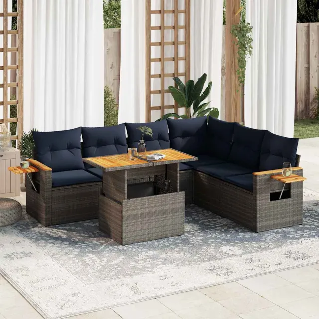 vidaXL 7-delige Loungeset met kussens poly rattan acacia grijs, foto 2