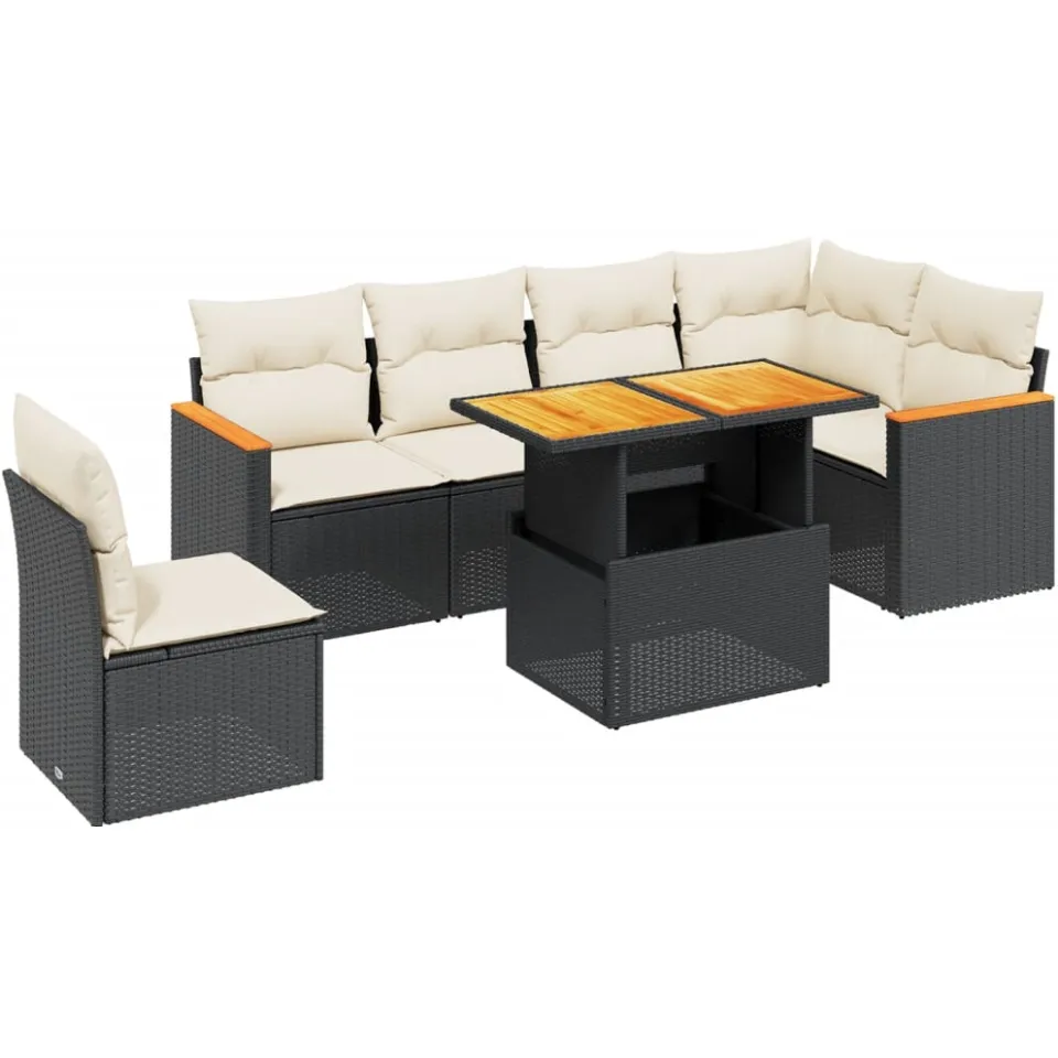 vidaXL 7-delige Loungeset met kussens poly rattan zwart