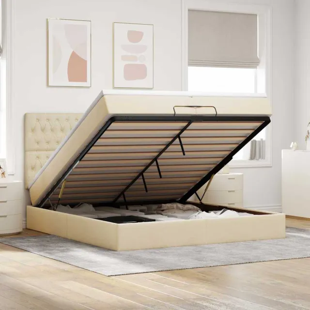 vidaXL Ottoman bed met matrassen en LED's 200x200cm stof crèmekleurig