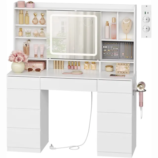 Atlasyx tafel - Make up - Kaptafel - Met spiegel en verlichting - Makeuptafel - Bureau - 2 Stopcontacten + USB -107x40x140cm- Wit