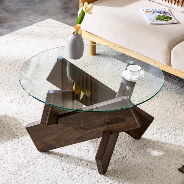 MODENUIT Salontafel - Rond Tafelblad Van Gehard Glas - Voor Woonkamer En Leeshoek - MDF Walnootkleur - 79x45 Cm Notenhout
