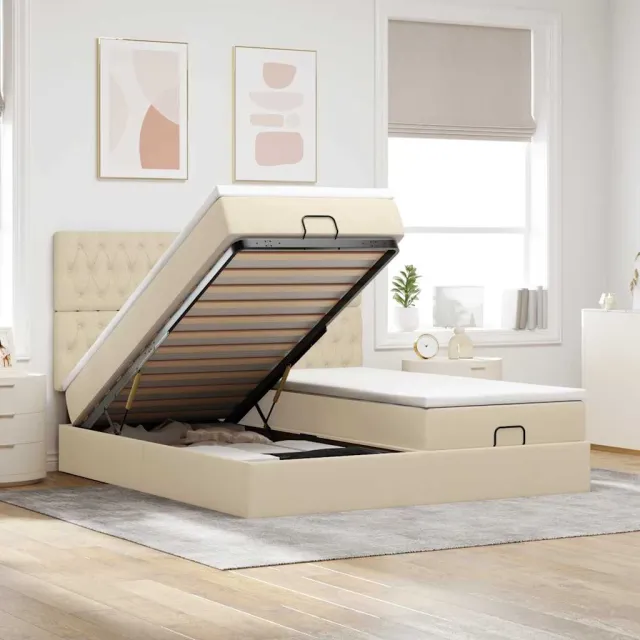 vidaXL Ottoman bed met matrassen 180x200cm stof crèmekleurig