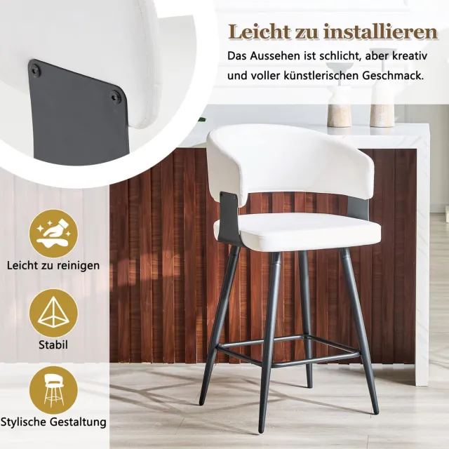 MEUNIQ barkruk set van 2 met rugleuning en voetsteun, kunstleren zitting, metalen onderstel, zithoogte 64 cm, voor keuken, bar of kookeiland, wit