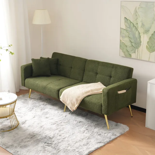 FloraGrace Slaapbank – Verstelbare Rugleuning 105 138 180 Graden – Voor Woonkamer Of Logeerkamer – Lamswollook – Antiek Groen
