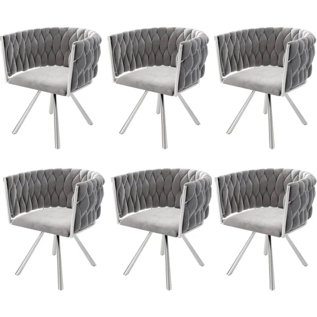 Merax Fluwelen eetkamerstoel - set van 6 - eenpersoons luxe woonkamer slaapkamer draaistoel - lounge draaistoel - grijs zilver Grijs en Zilver