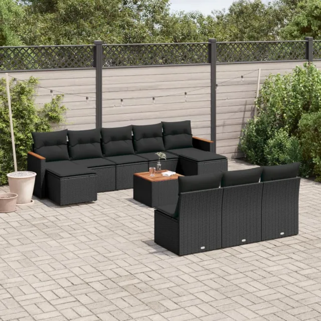 vidaXL 11-delige Loungeset met kussens poly rattan zwart, foto 2