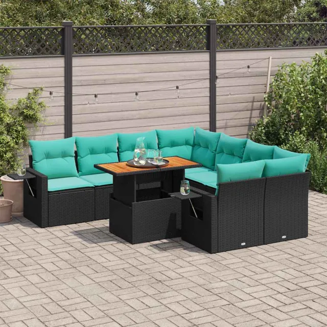 vidaXL 9-delige Loungeset met kussens poly rattan zwart, foto 2