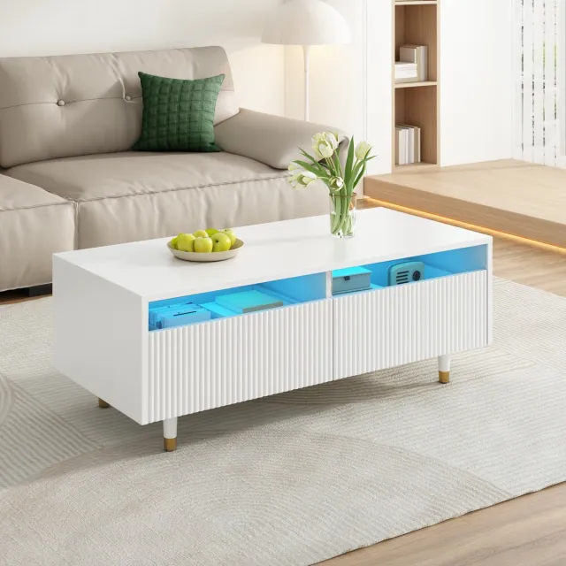 DESMIU Salontafel - Met Ledverlichting En 2 Laden - Voor Sfeervolle Opbergruimte In De Woonkamer - MDF Wit - 110x50x40 Cm