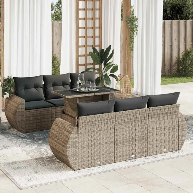 vidaXL 7-delige Loungeset met kussens poly rattan grijs, foto 2