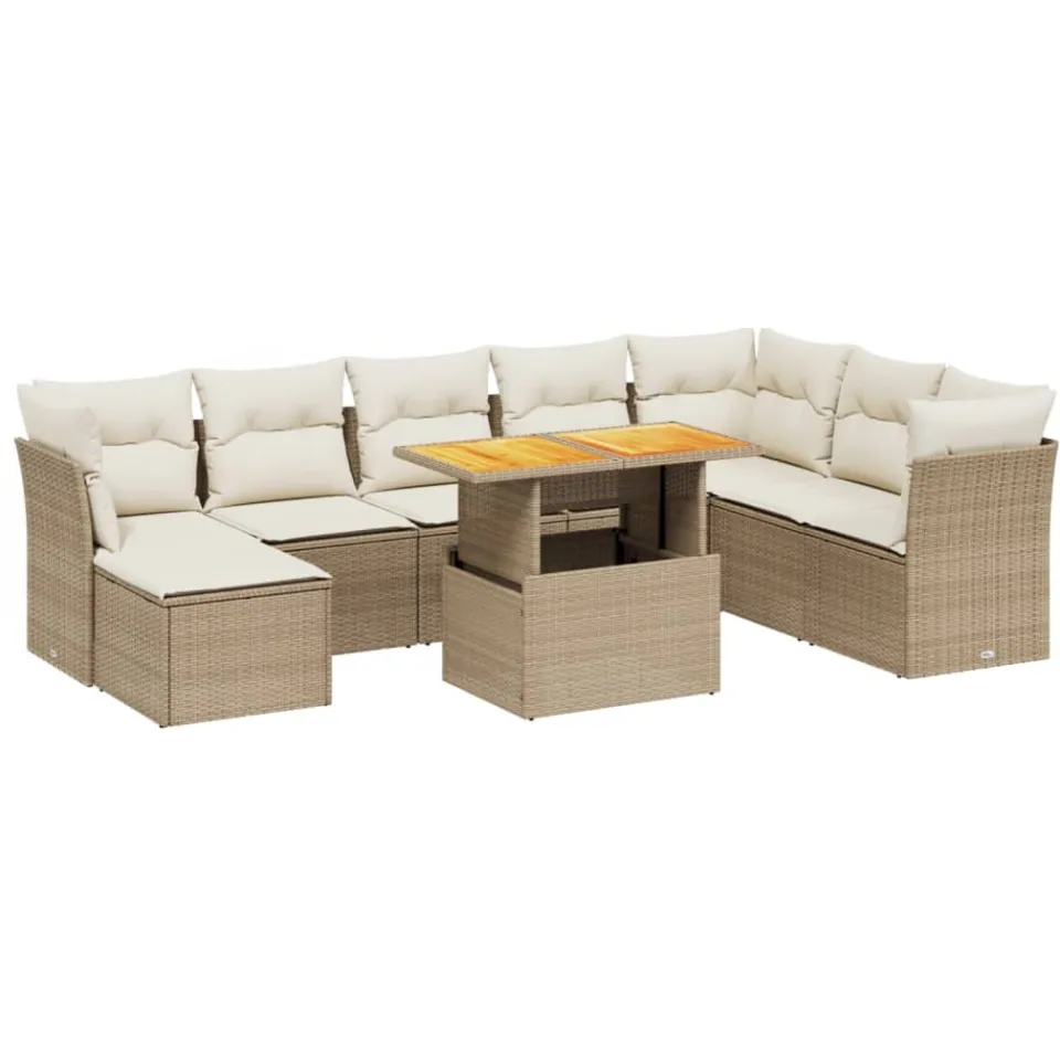 vidaXL 9-delige Loungeset met kussens poly rattan beige, foto 3