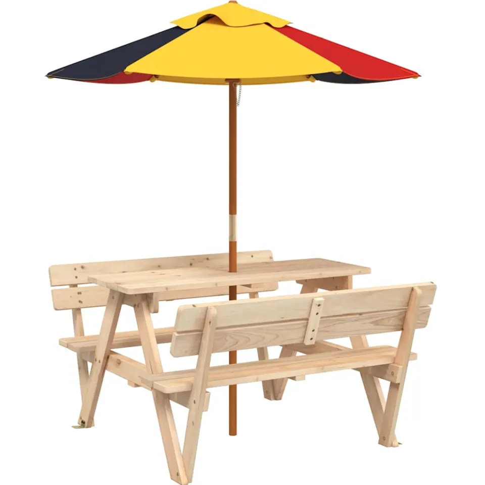 vidaXL Picknicktafel voor 4 kinderen met parasol massief vurenhout bruin, foto 3