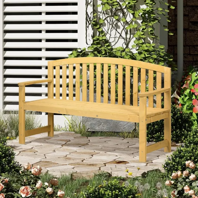 FloraGrace Zitbank 143 x 51 x 85 cm - 2-Zits Tuinbank Met Ergonomische Rugleuning En Armleuningen - Weerbestendig Voor Tuin En Terras - Hout - Oranje Naturel houtkleur