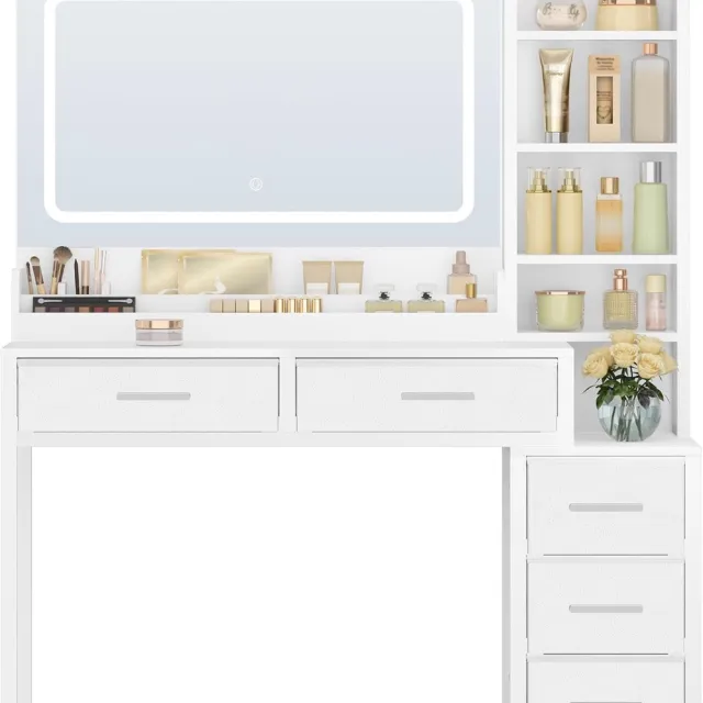 HILINSIE Kaptafel - Make up Tafel - Kaptafel met Spiegel en Verlichting - 110 cm - Wit - LED-Verlichting - Instelbare Helderheid - 3 Kleuren - 5 Lades en 5 Open Compartimenten-40 × 110 × 141 cm