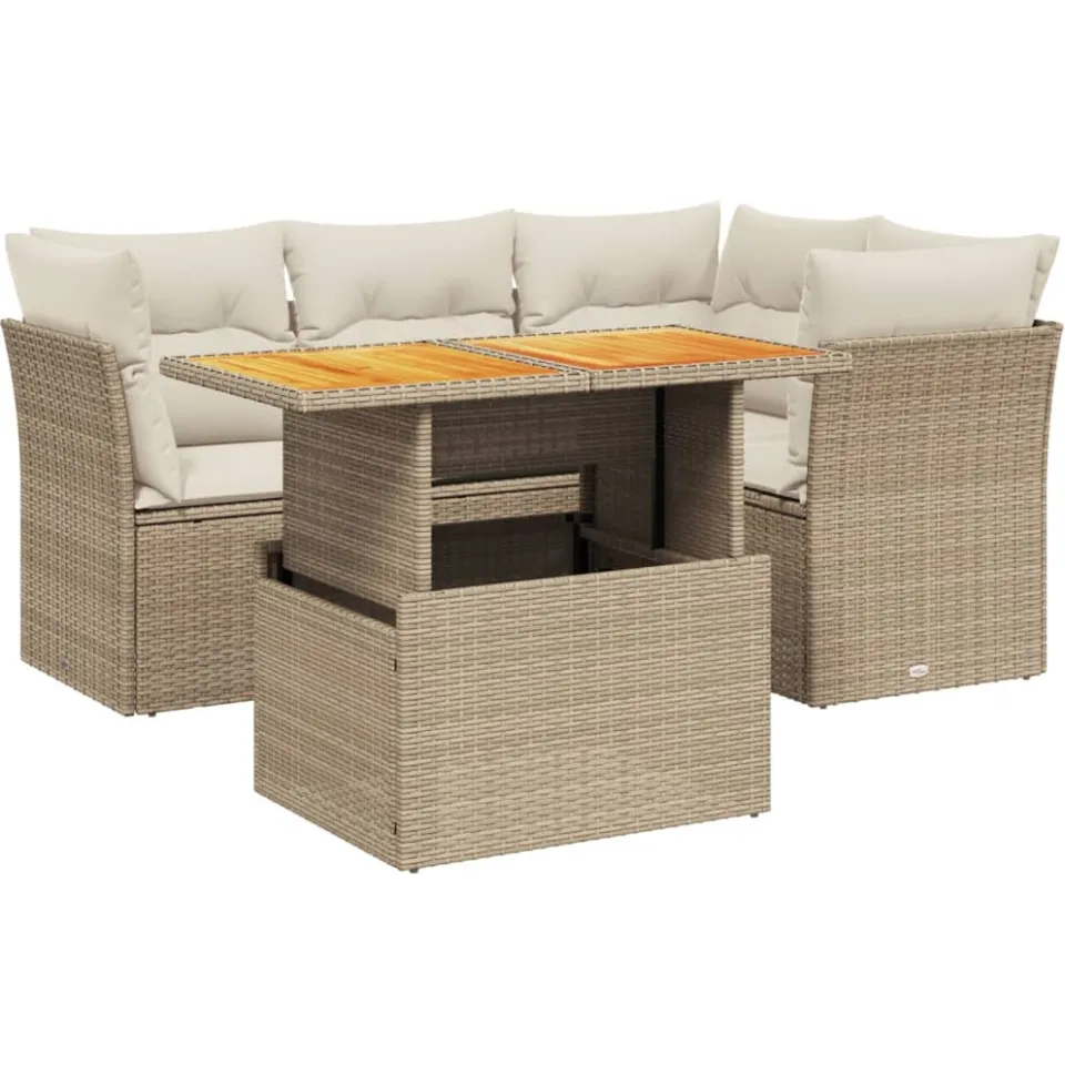 vidaXL 5-delige Loungeset met kussens poly rattan beige, foto 3