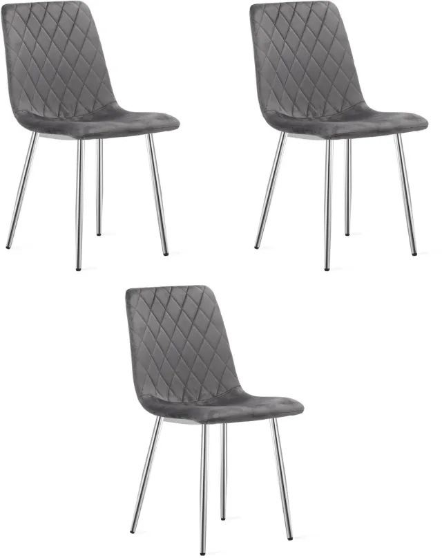 LEOBERT TURIN Eetkamerstoelen – Set van 3 – Grijs Velvet – Metalen Poten – Comfortabele Ergonomische Zitting – Modern Design – Velvet Stoel voor Woonkamer, Keuken en Eetkamer – Max. 110 kg per Stoel