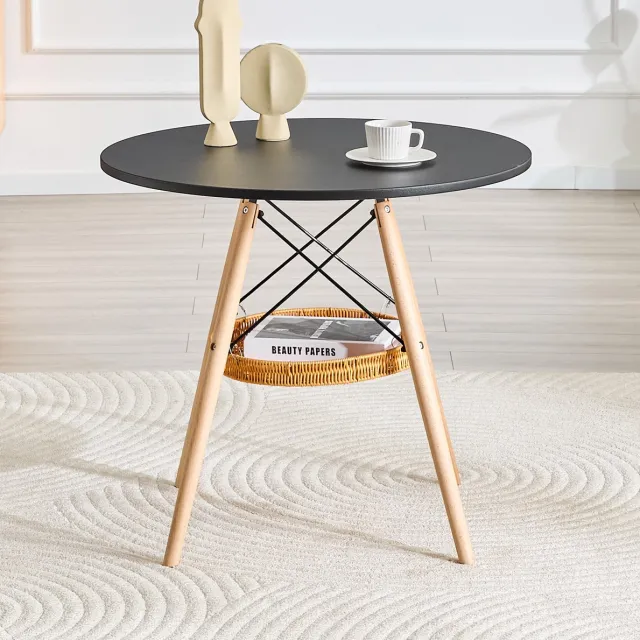 DESMIU Eettafel - Ronde Tafel Met Opbergmand Voor 2 Tot 4 Personen - Scandinavisch Voor Eetkamer En Balkon - MDF En Hout - 80x80x71,5 Cm - Zwart