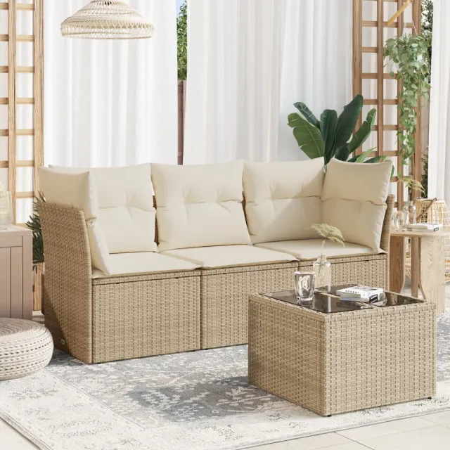 vidaXL 4-delige Loungeset met kussens poly rattan beige, foto 2