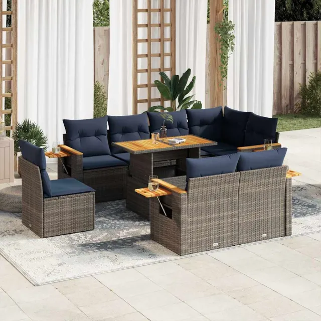 vidaXL 9-delige Loungeset met kussens poly rattan acacia grijs, foto 2