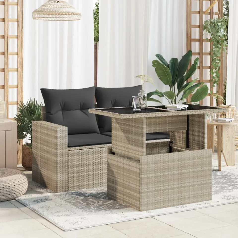 vidaXL Tuintafel met glazen blad 100x55x73 cm poly rattan lichtgrijs grijs, foto 3
