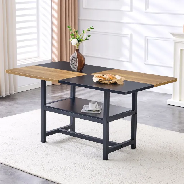 REDOM Rechthoekige Eettafel - Met Opbergplank - Industriële Stijl - Voor Keuken En Eethooek - MDF En Metaal - Zwart En Houtkleur - 160 Cm Zwart, Hout