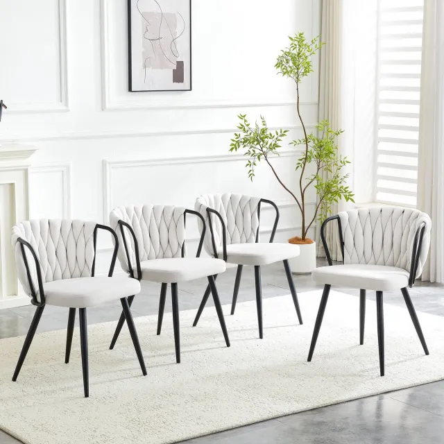Merax Eetkamerstoel Velvet Beige/Zwart - Moderne Gestoffeerde Stoel met Gevlochten Rugleuning en Zwarte Metalen Poten - Luxe Kuipstoel voor Eetkamer en Woonkamer