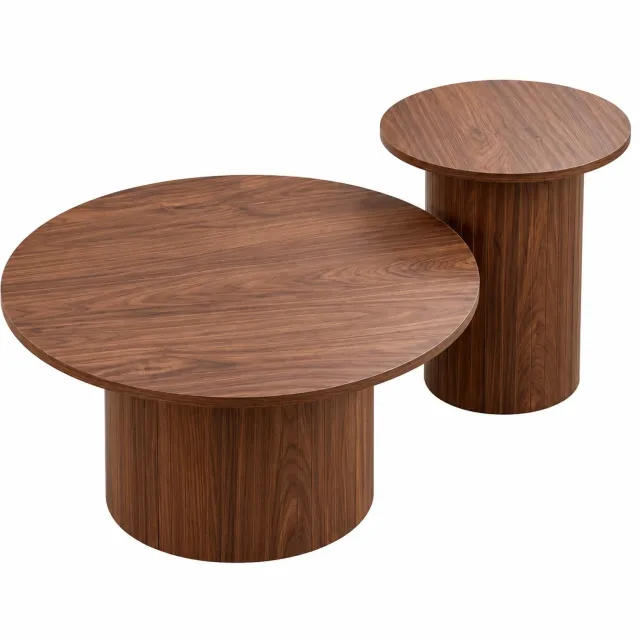 Tremeo 2-delig Salontafel - Tafel - MDF - Ø 70 en 40cm - Walnootbruin