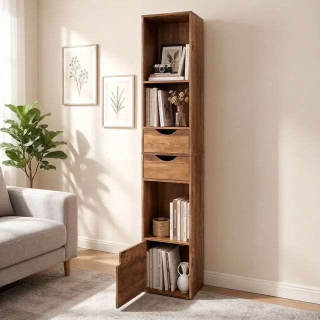 MODENUIT Boekenkast - Smal Hoog Opbergmeubel Met 2 Lades En Deur - Hout - Bruin - 30x157,5x24 Cm