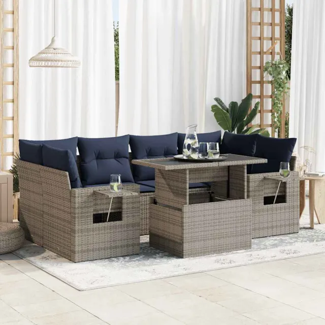 vidaXL 7-delige Loungeset met kussens poly rattan grijs, foto 2