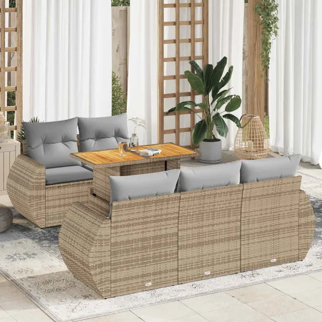 vidaXL 6-delige Loungeset met kussens poly rattan beige, foto 2