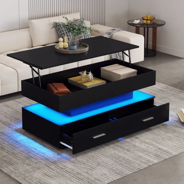 HAUSS SPOLE Salontafel - Hydraulisch Verstelbaar Met Led En 2 Lades - Voor Woonkamer Met Opbergruimte - Spaanplaat - 100x50x44 Cm - Zwart Black