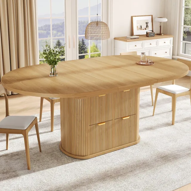 Sweiko Sweio Ovale Uitschuifbare Eettafel - Opklapbaar opbergvak - 2 lades - Geschikt voor 4-6 personen - Natuurlijke