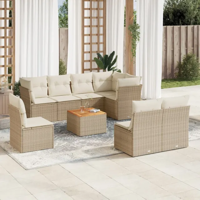 vidaXL 9-delige Loungeset met kussens poly rattan beige, foto 2