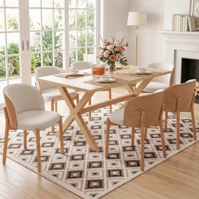 Welltin Eetkamerstoelen - Set van 6 - Massief houten eetkamerstoel - Moderne stoel - Linnen stoel - Comfortabele stoel - Ademend zitmeubel - Woonkamerstoel - Keukenstoel - Café stoel - Houten stoel - Scandinavische stijl - Natuurhoutkleur Natuurlijke houtkleur