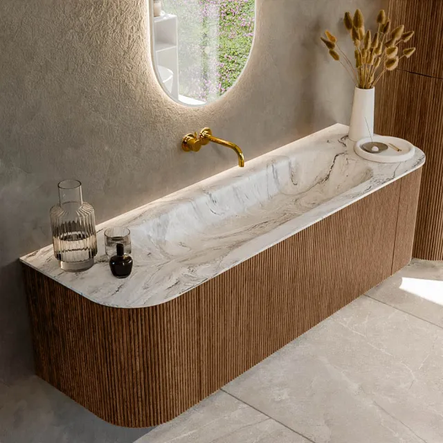 Mondiaz KURVE-DLUX 150 cm Onderkast Greeploos 1 Lade Met Deuren Walnut, Wastafel Solid Surface Midden Glace 0 Kraangaten Zonder Spiegel (KRVBGM150L+R1L2D0KM-Wal/Gla)