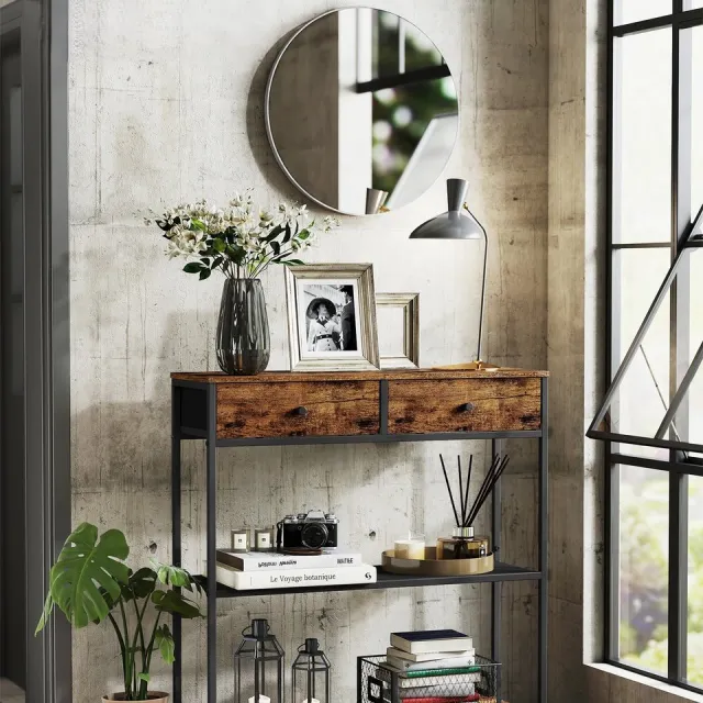 Questyr Consoletafel - bijzettafel met 2 stoffen lades - haltafel - woonkamer zwart
