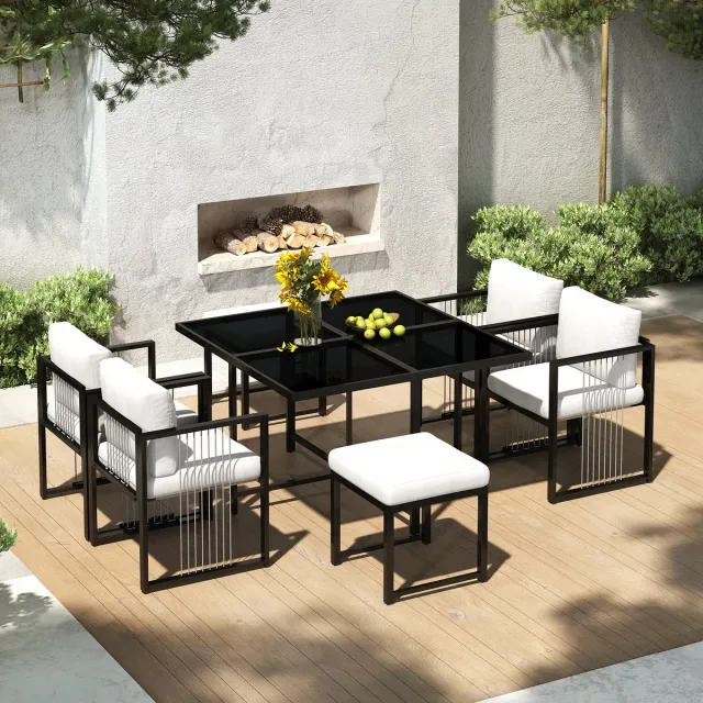 Merax 7-delige outdoor eettafelset voor 6 personen - met gehard glazen tafelblad - voor gebruik in de achtertuin - tuin of op het terras Zwart en Wit