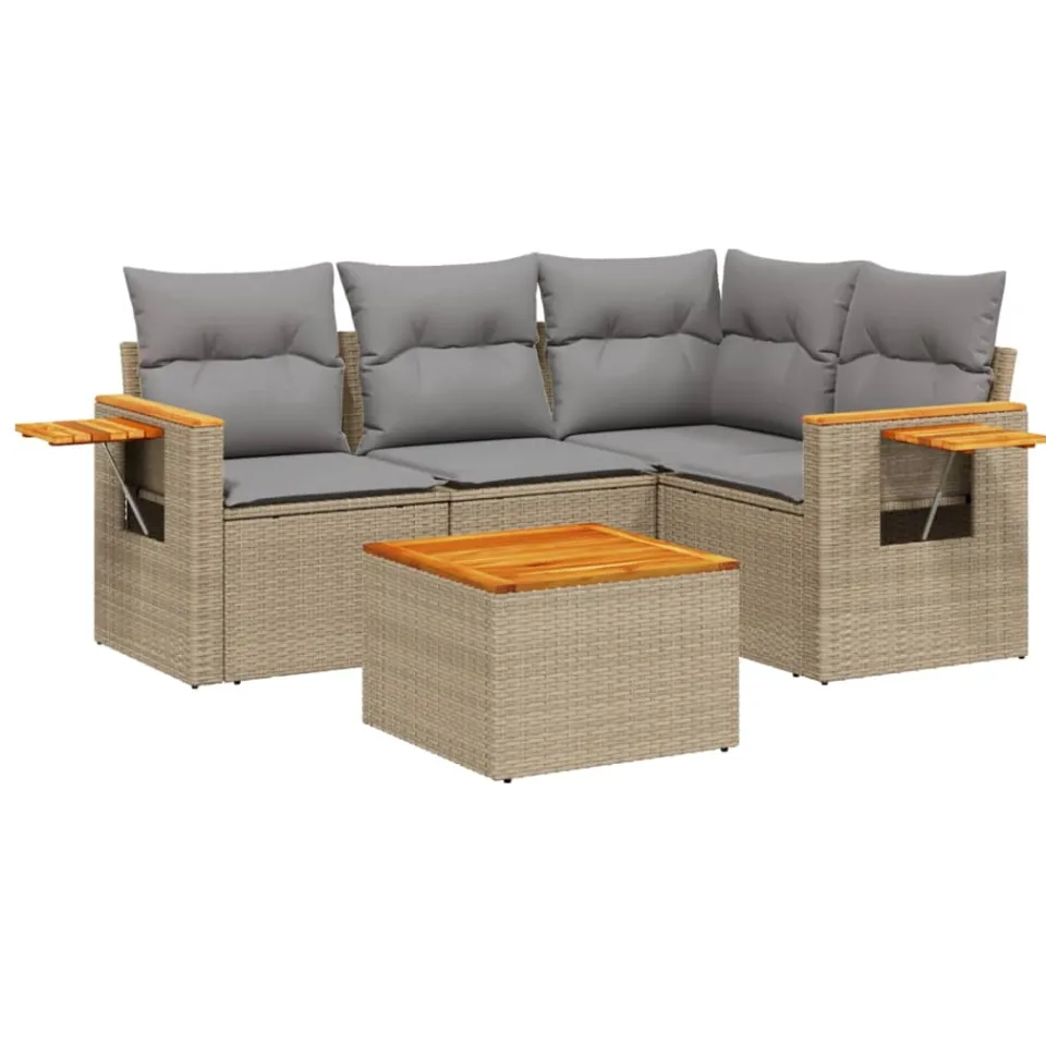 vidaXL 5-delige Loungeset met kussens poly rattan beige, foto 3