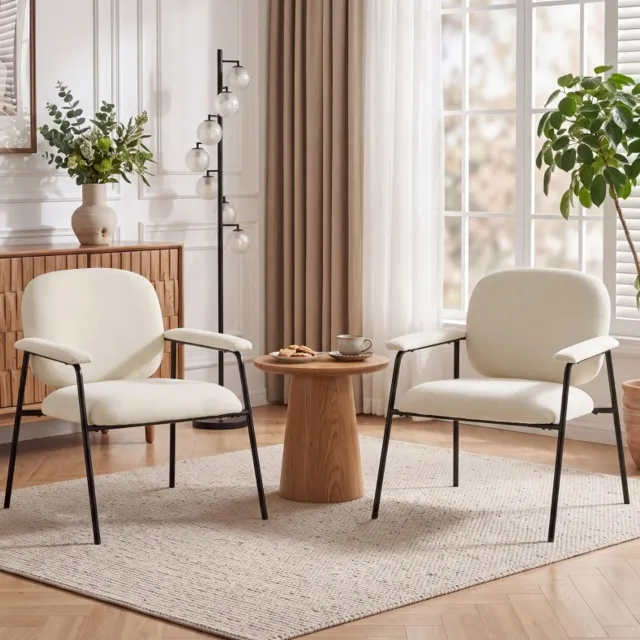 STILVORA Fauteuil - Set Van 2 - Zachte Chenille Met Gewatteerde Armleuningen - Woonkamer, Slaapkamer Of Kantoor - Metaal - Crème