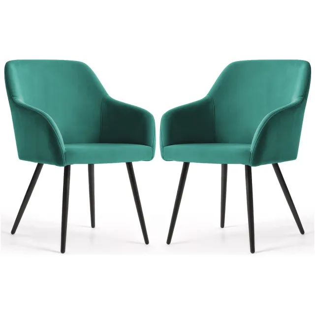 Akord Set van 2 Eetkamerstoelen ESTELLE met Armleuningen / Gestoffeerde Stoelen / Fluwelen Stoelen en Metalen Poten / Flesgroen met zwarte benen
