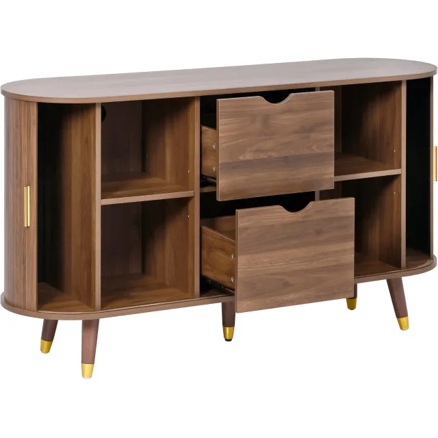 Ropilly Dressoir - 140 x 40 x 79,5 cm - Met twee schuifdeuren, twee lades en open legplanken - MDF in walnootkleur - Voor woonkamer en eetkamer
