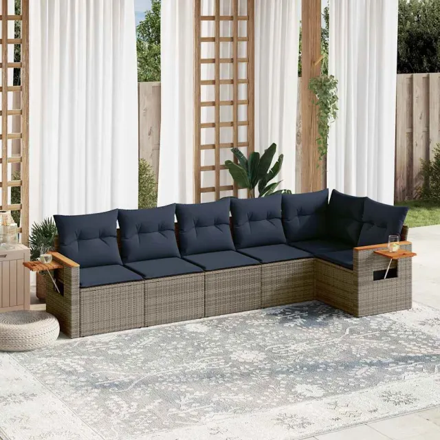 vidaXL 6-delige Loungeset met kussens poly rattan grijs, foto 2